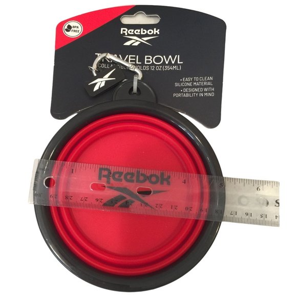 REEBOK Travel Pet Bowl Red Expandable Silicone BPA FREE Silvertone Carabiner Hol - Picture 2 of 3